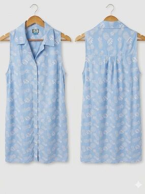 Kavu Blue White Pineapple Print Button Down Dress M